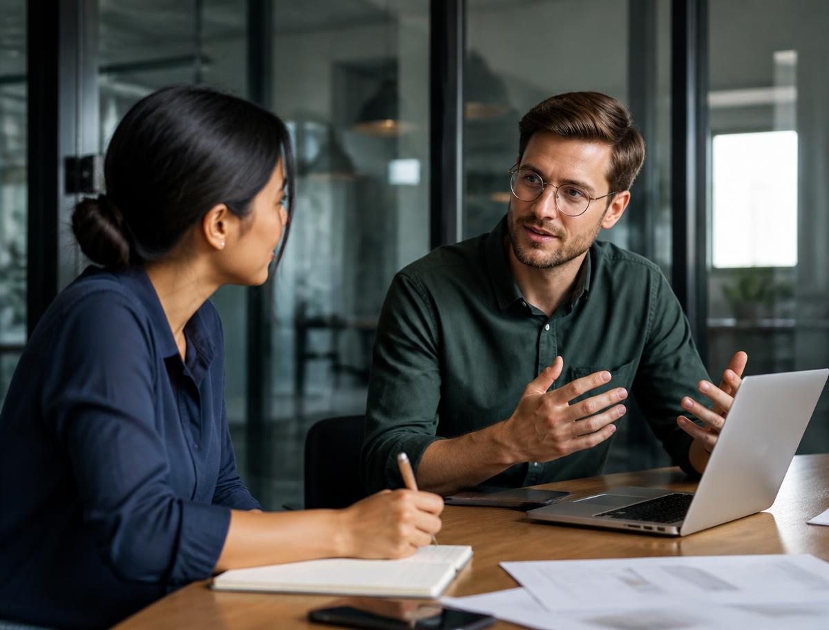 Two professionals in a business meeting