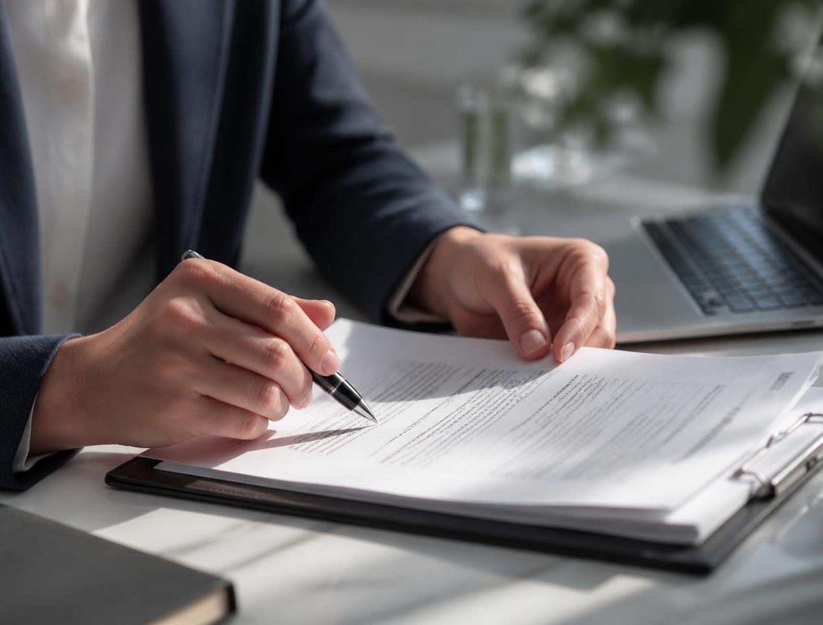 Professional reviewing printed documents at a desk