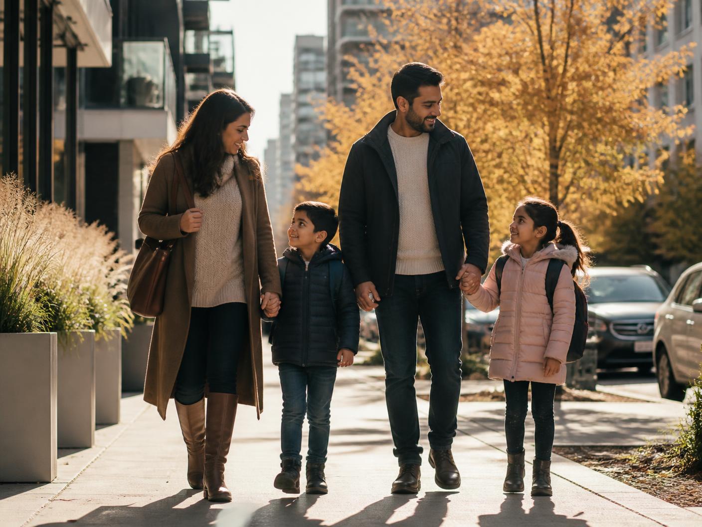A newcomer family walking through a Canadian city street