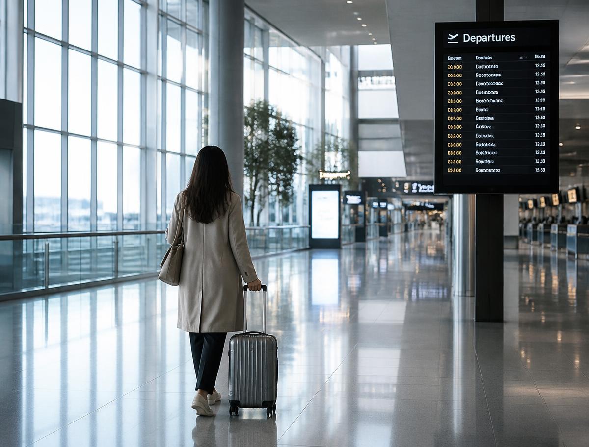 Traveller walking through a modern airport terminal