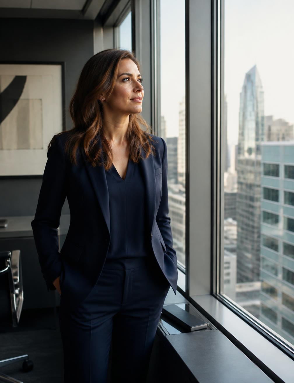 Professional consultant looking out over a Canadian city skyline